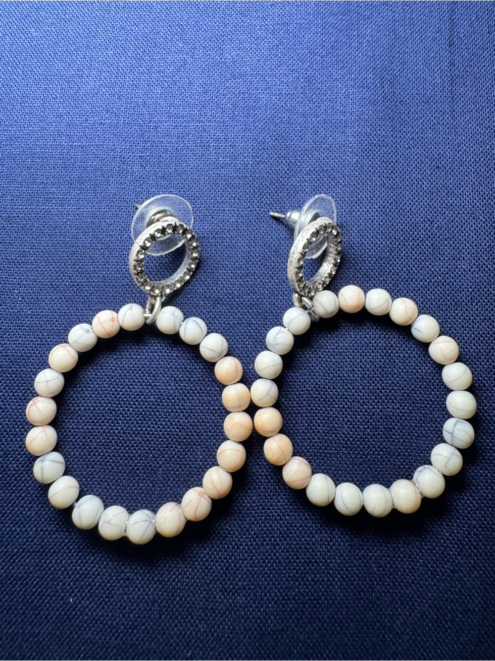 CAbi Cream Beaded Hoop Drop Earrings with Silver Accents